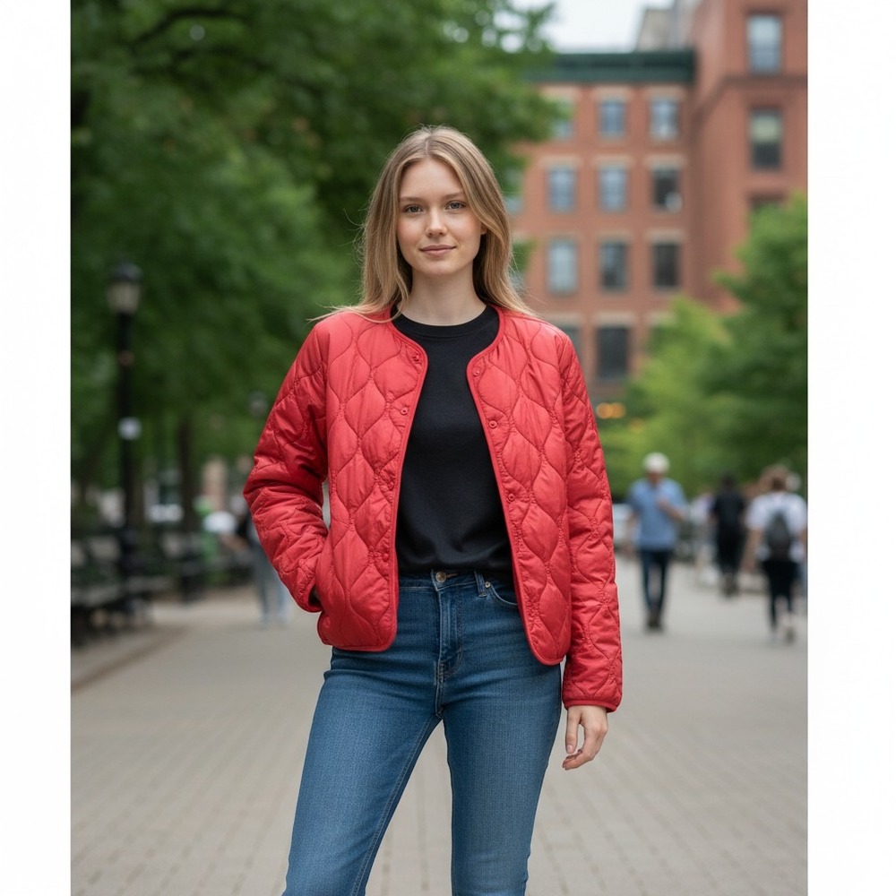 Hudson Womens Red Quilted Ripstop Liner Jacket Onion Quilt Button Front L